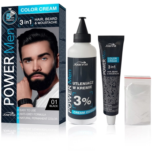 Joanna Power Men Color Cream Farba do Włosów 3w1 dla Mężczyzn nr 01 Black 100 g