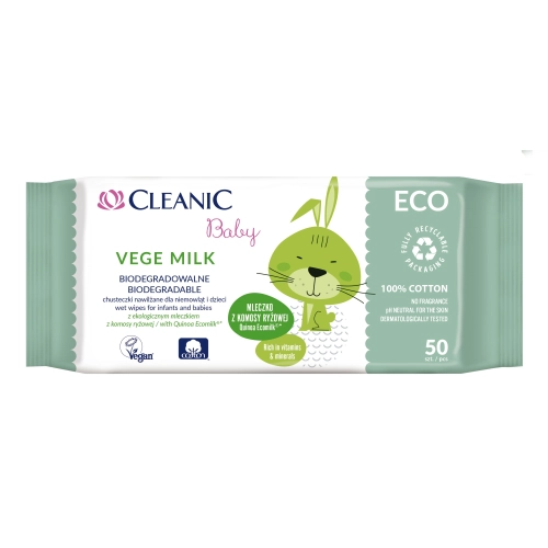 Cleanic Baby Eco Chusteczki Nawilżane Dla Niemowląt I Dzieci Vege Milk - Biodegradowalne 1op.-50szt