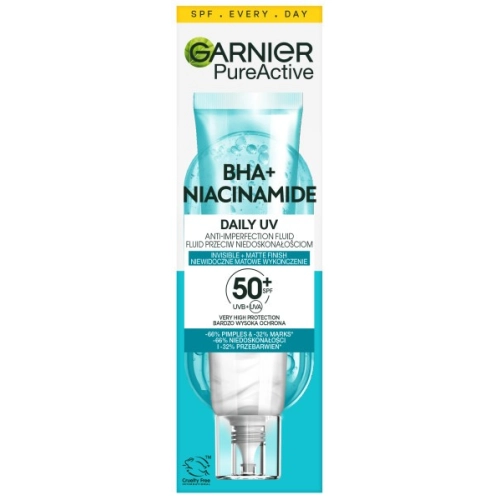 GARNIER Pure Active Fluid Przeciw Niedoskonałościom BHA + Niacynamide Daily UV SPF50+ 40ml